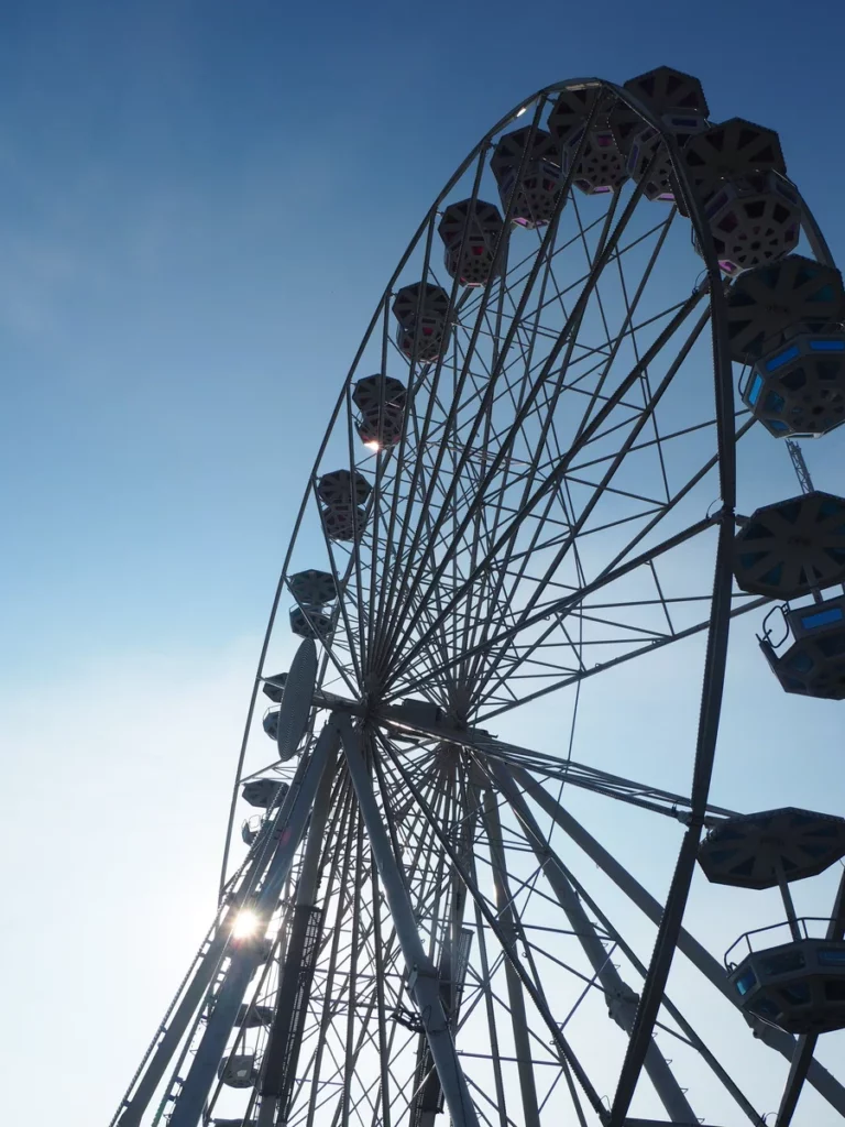 riesenrad aus froschperspektive vor blauem himmel