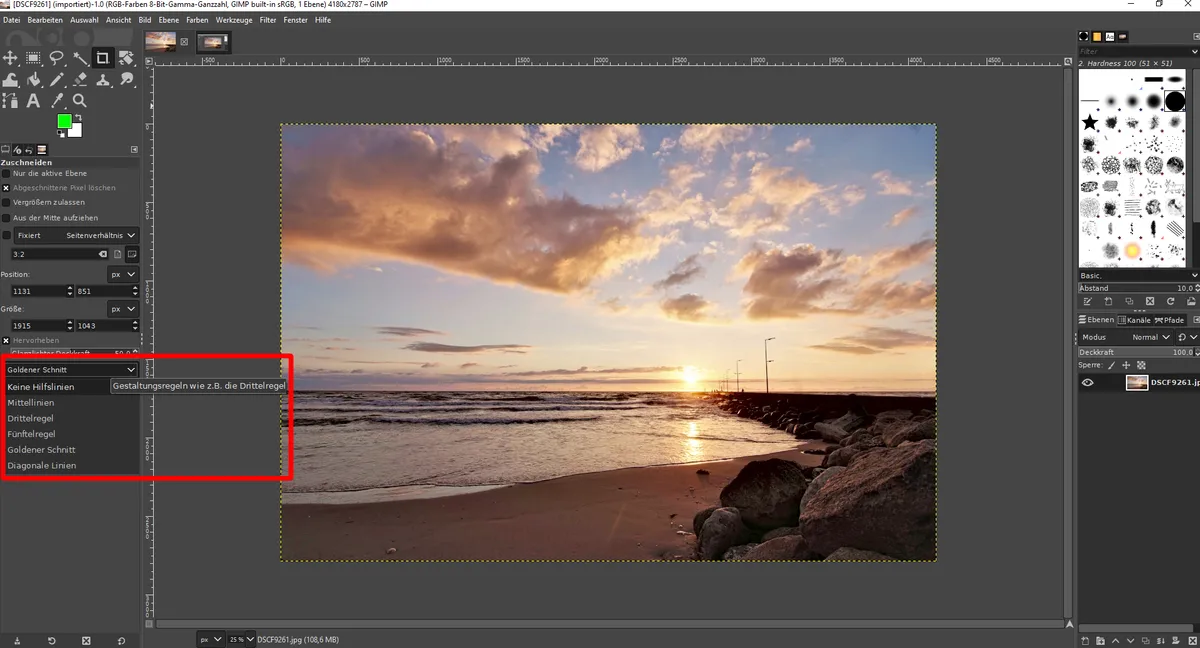 gestaltungsraster drittelregel oder goldener schnitt in gimp auswählen